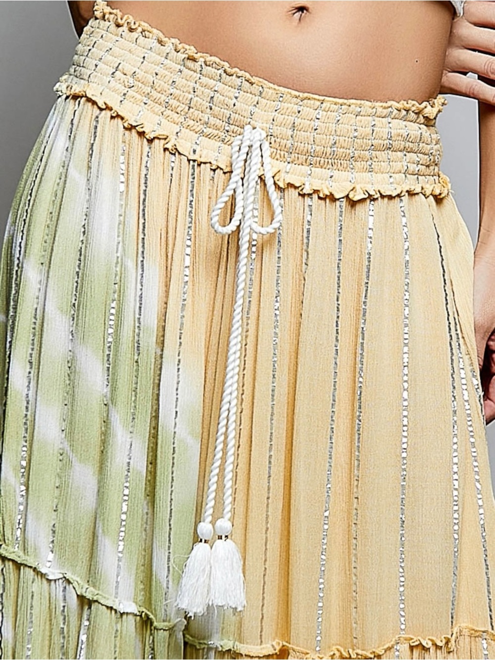 POL Tan Sage Boho Tiered Flowy Maxi Skirt | Smocked Waist Desert  Festival - Picture 8 of 9